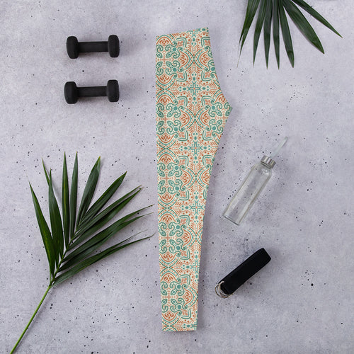 Teal Scroll Tile AOP Leggings mockup 1 pattern preview