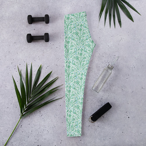 Teal Vine Damask AOP Leggings mockup 1 pattern preview