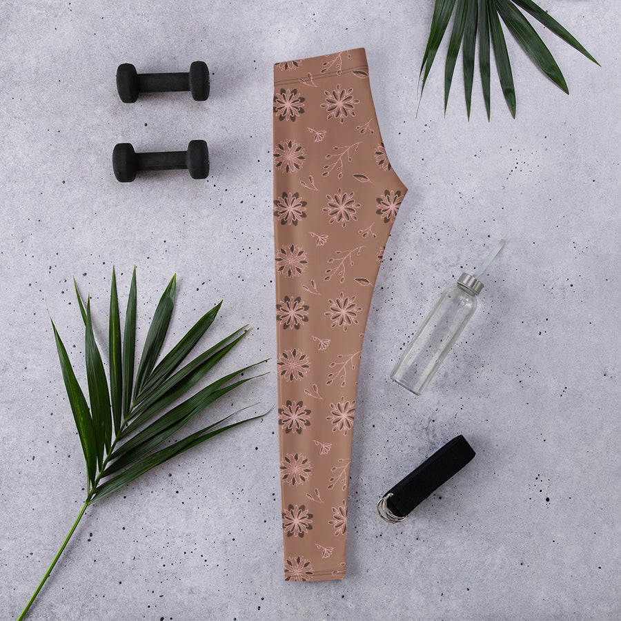 Mocha Botanical AOP Leggings mockup 1