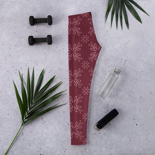 Burgundy Daisy AOP Leggings mockup 1 pattern preview
