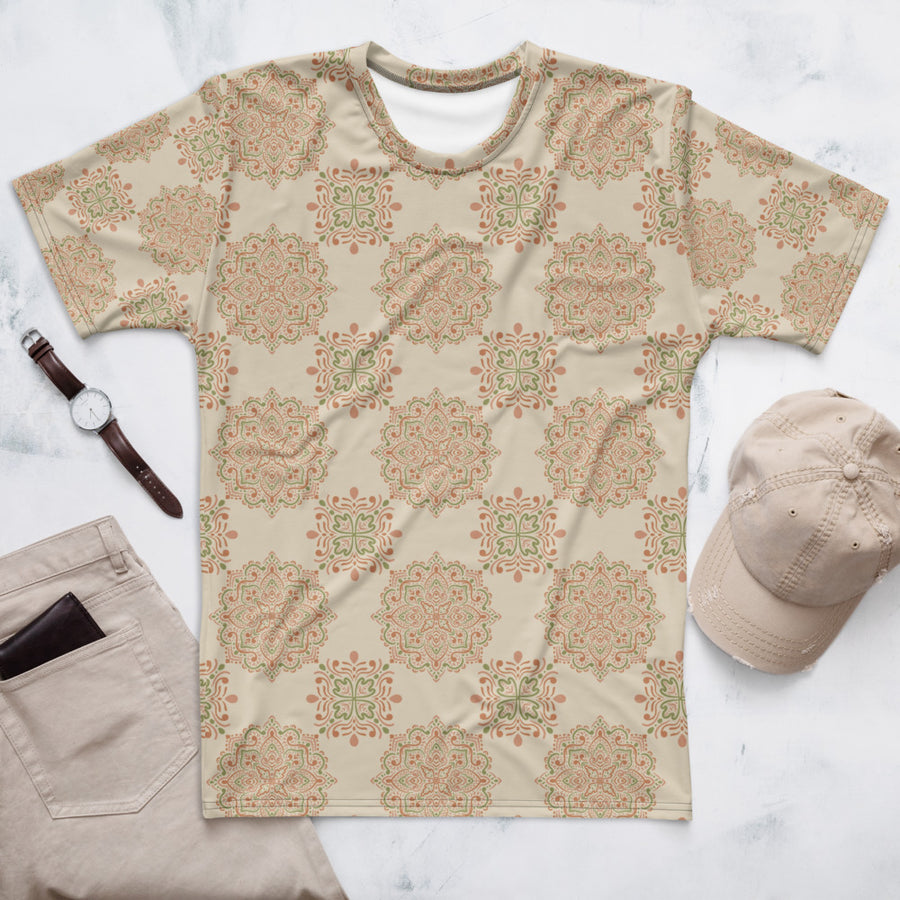 Peach Paisley Tile AOP Men's T-Shirt mockup 1
