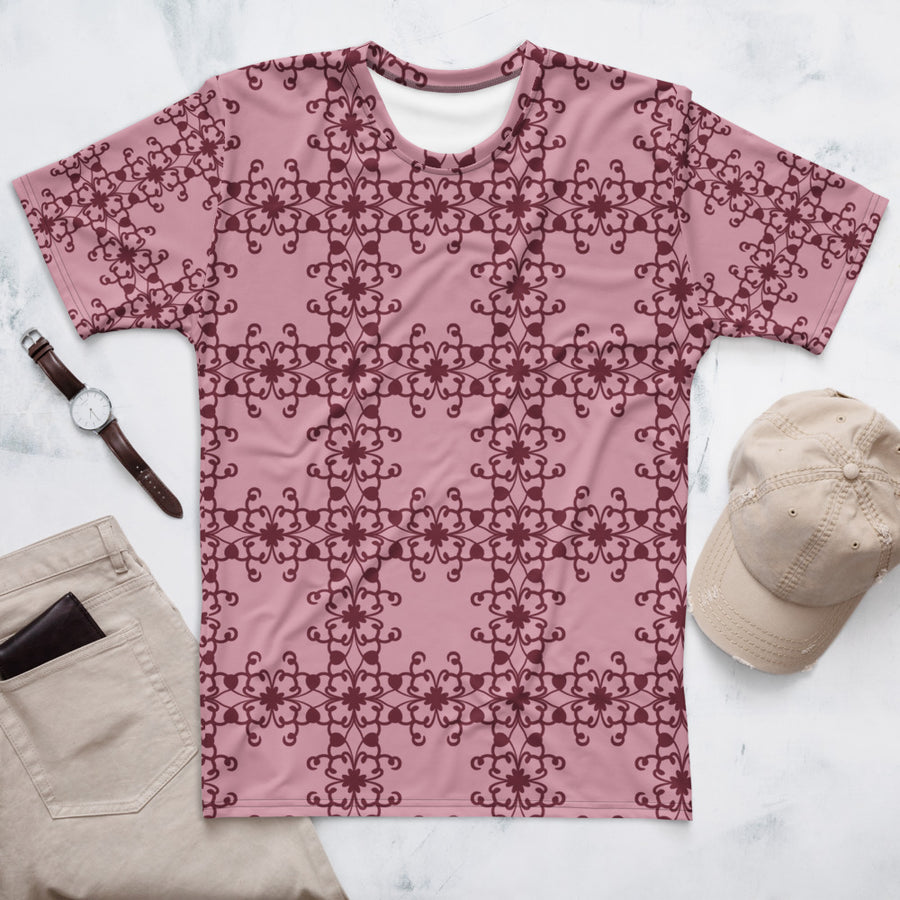 Crimson Scrollwork AOP Men's T-Shirt mockup 1