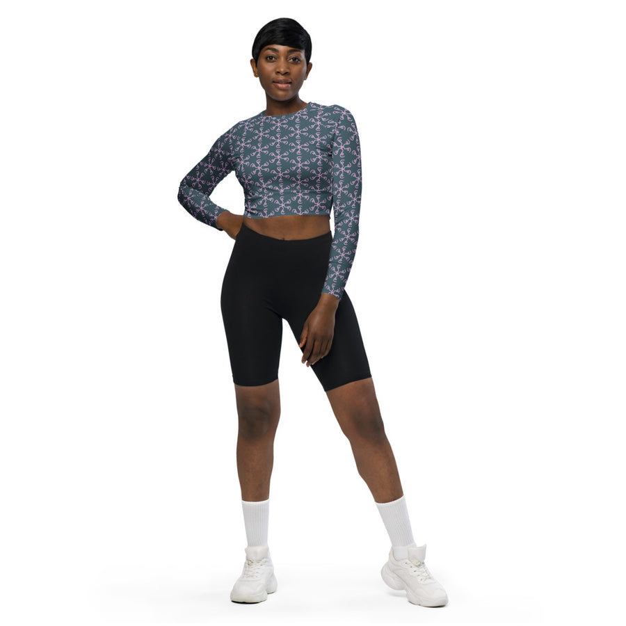 Coachella Spin Out Slate Lavender AOP Recycled Long Sleeve Crop Top mockup 1