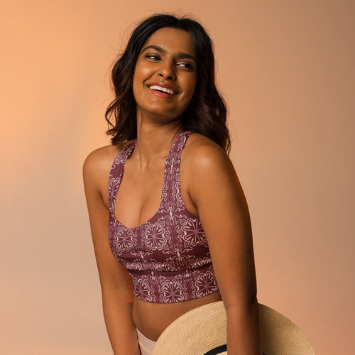 Crimson Garden AOP Longline Sports Bra mockup 1 pattern preview