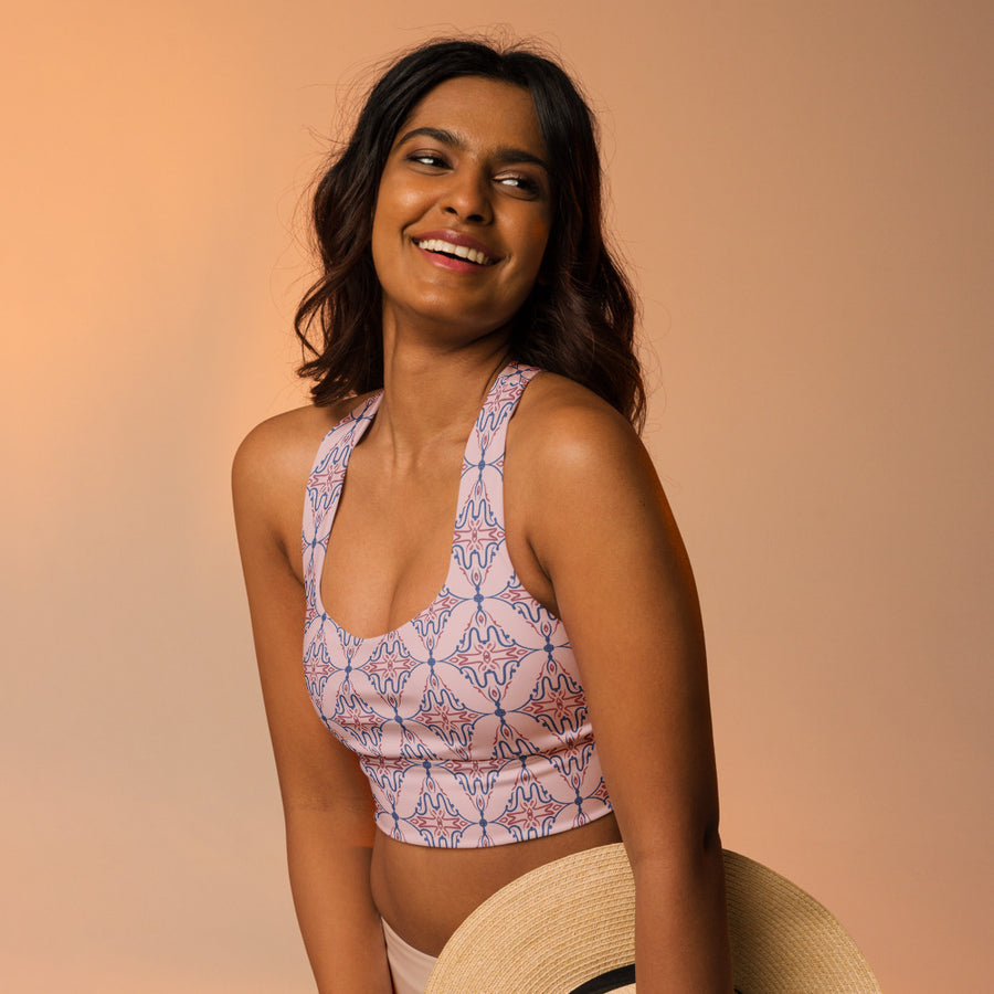Butterfly Vine AOP Longline Sports Bra mockup 1
