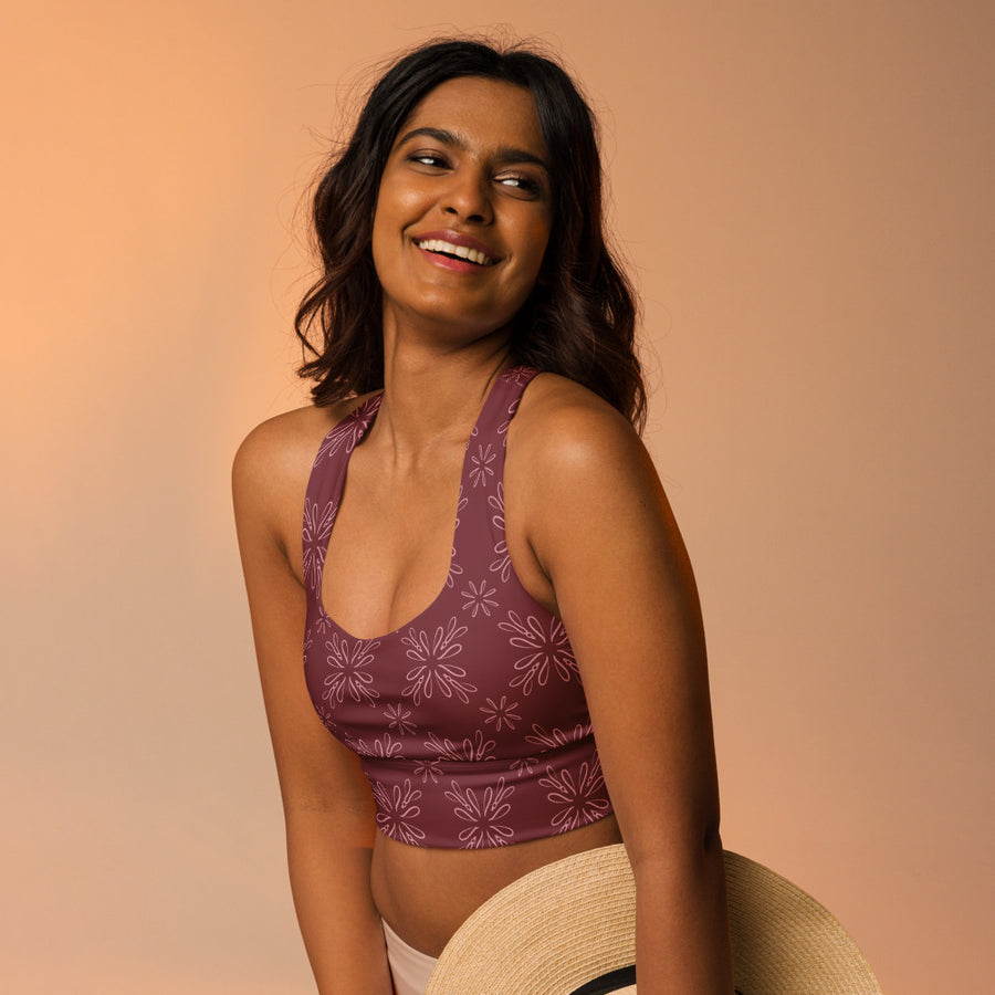 Burgundy Daisy AOP Longline Sports Bra mockup 1