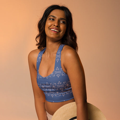 Leaf Damask AOP Longline Sports Bra mockup 1 pattern preview