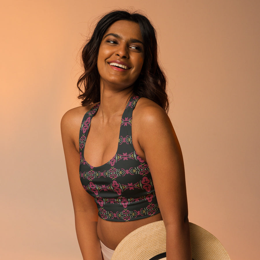 Magenta Baroque AOP Longline Sports Bra mockup 1