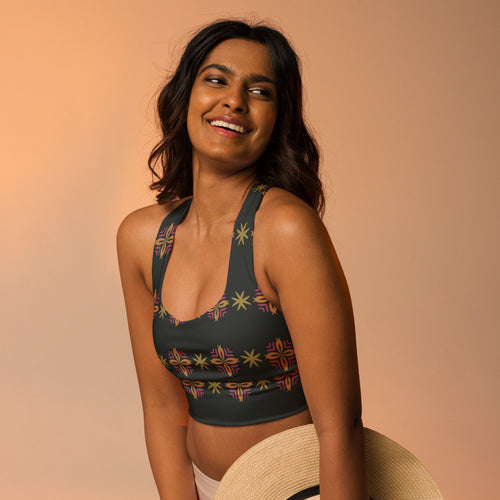 Disco Star Scatter AOP Longline Sports Bra mockup 1 pattern preview