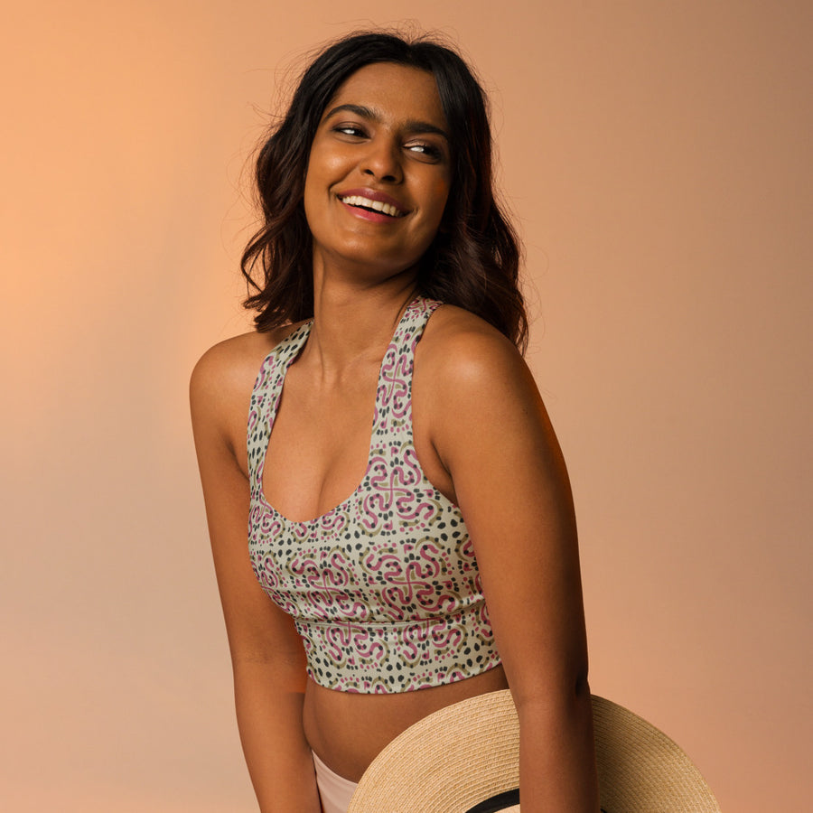 Serpentine Tile AOP Longline Sports Bra mockup 1