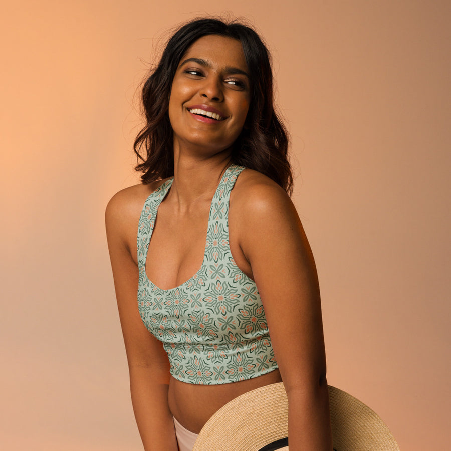 Mint Botanical AOP Longline Sports Bra mockup 1