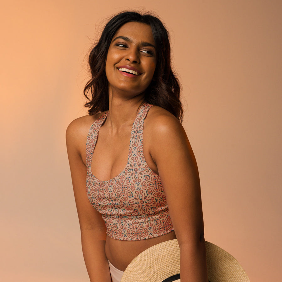 Terracotta Navy Tile AOP Longline Sports Bra mockup 1