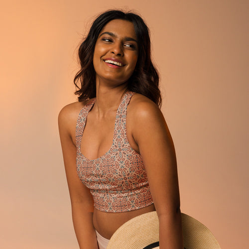 Terracotta Navy Tile AOP Longline Sports Bra mockup 1 pattern preview