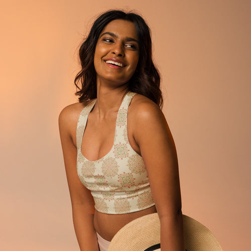 Peach Paisley Tile AOP Longline Sports Bra mockup 1 pattern preview
