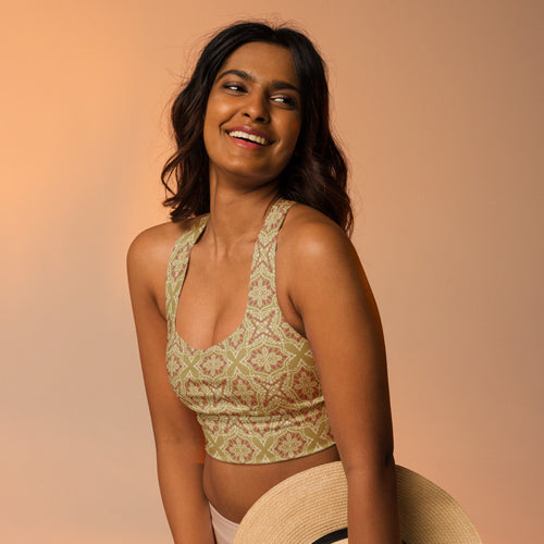 Golden Damask Tile AOP Longline Sports Bra mockup 1 pattern preview