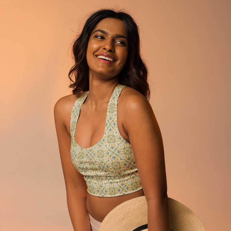 Garden Clover Cross AOP Longline Sports Bra mockup 1