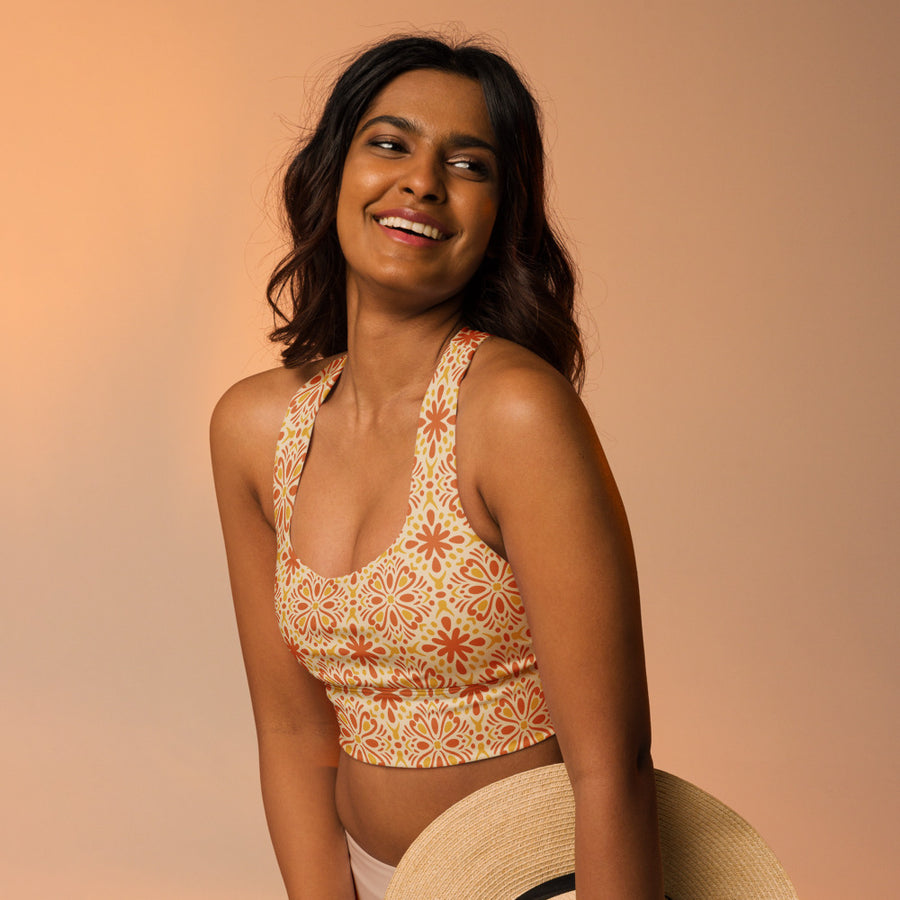 Tangerine Folk AOP Longline Sports Bra mockup 1