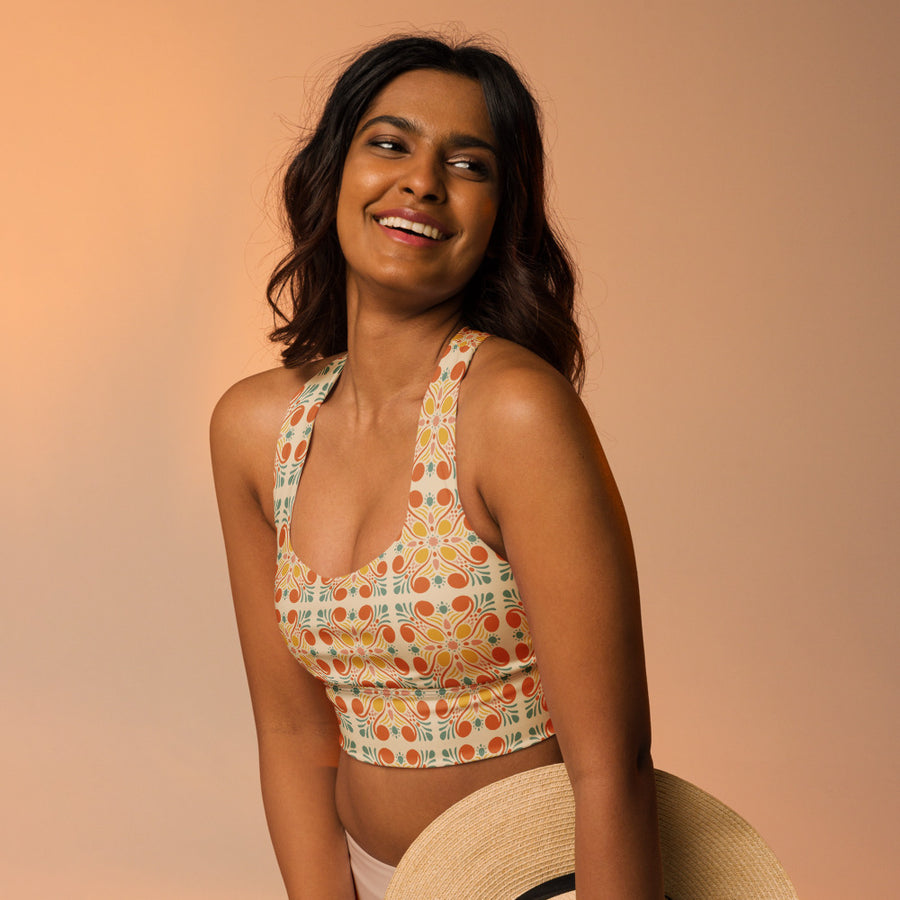 Bold Citrus AOP Longline Sports Bra mockup 1