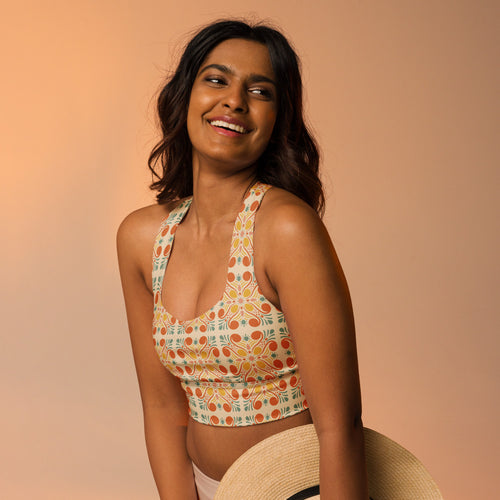 Bold Citrus AOP Longline Sports Bra mockup 1 pattern preview
