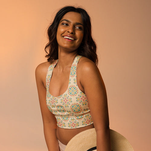 Festival Medallion AOP Longline Sports Bra mockup 1 pattern preview