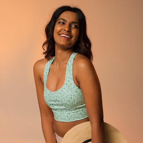 Teal Vine Damask AOP Longline Sports Bra mockup 1 pattern preview
