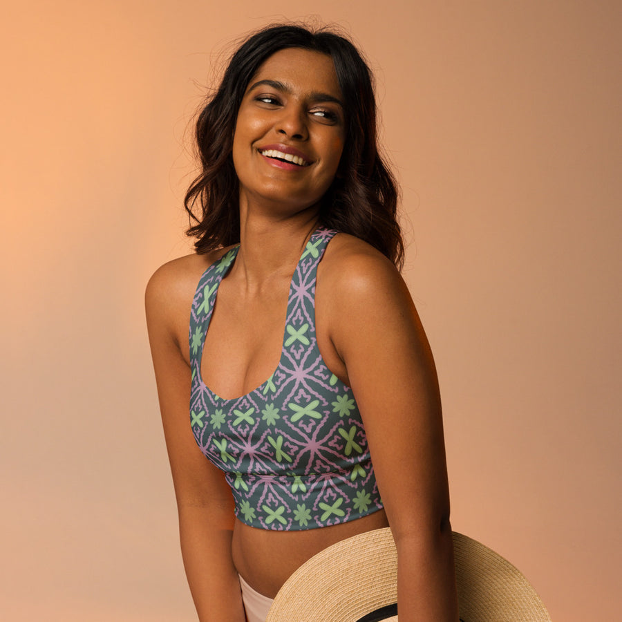 Coachella Flower Crowns AOP Longline Sports Bra mockup 1