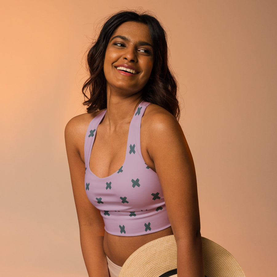 Coachella Butterfly Lavender AOP Longline Sports Bra mockup 1