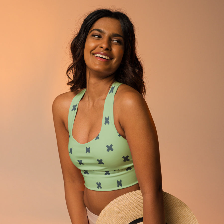 Coachella Butterfly Mint AOP Longline Sports Bra mockup 1