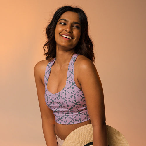 Coachella Spin Out Lavender AOP Longline Sports Bra mockup 1 pattern preview