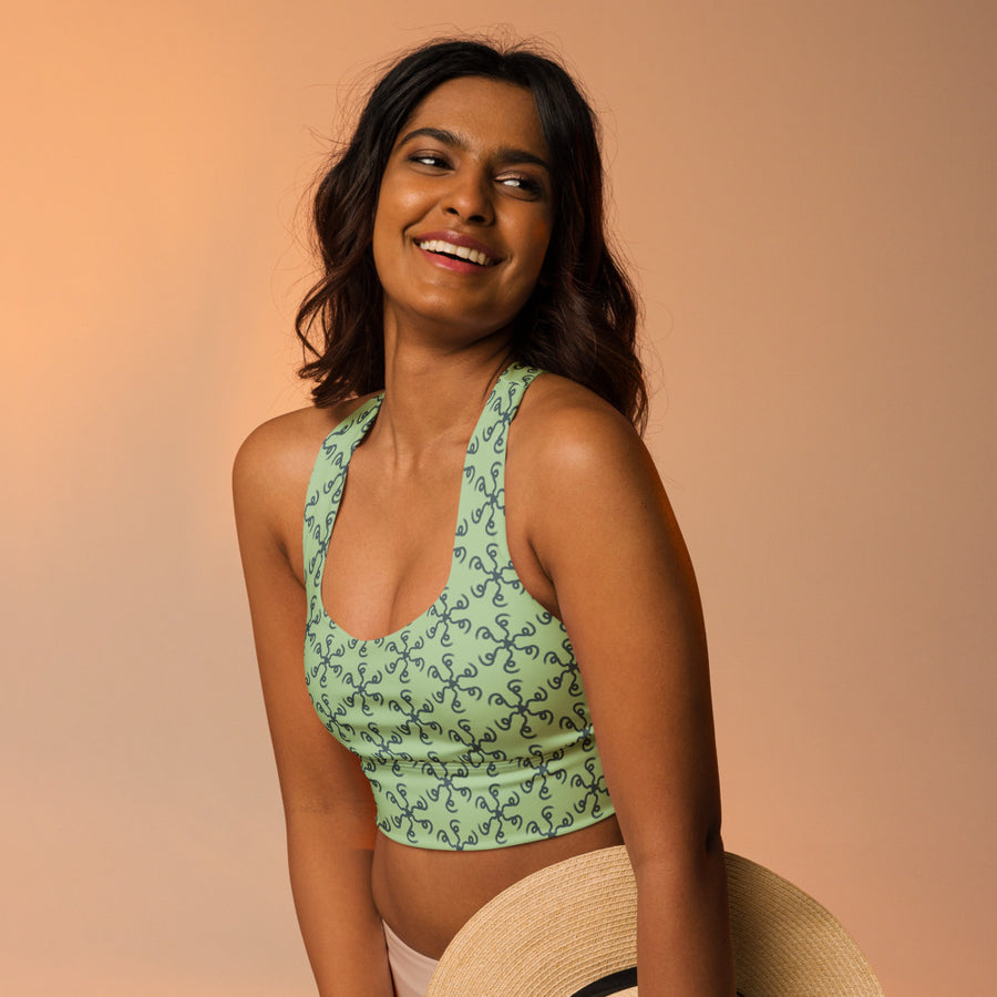 Coachella Spin Out Mint AOP Longline Sports Bra mockup 1