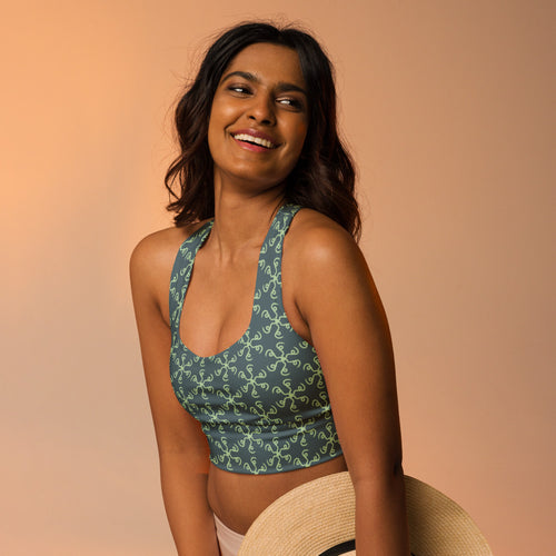 Coachella Spin Out Slate Mint AOP Longline Sports Bra mockup 1 pattern preview