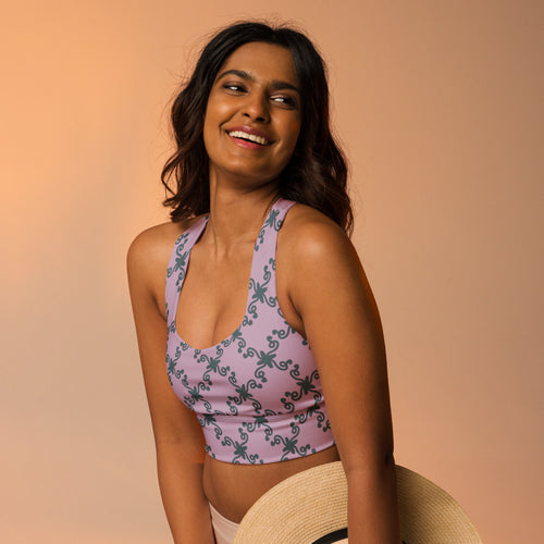 Coachella Wild Ones Lavender AOP Longline Sports Bra mockup 1 pattern preview