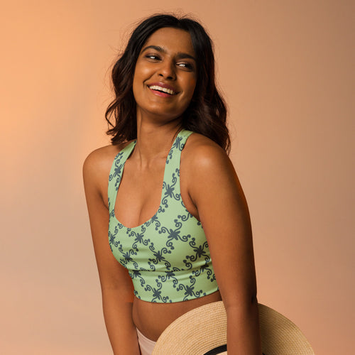 Coachella Wild Ones Mint AOP Longline Sports Bra mockup 1 pattern preview