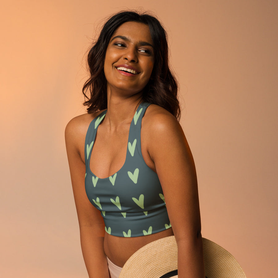 Coachella Puppy Love Slate Mint AOP Longline Sports Bra mockup 1