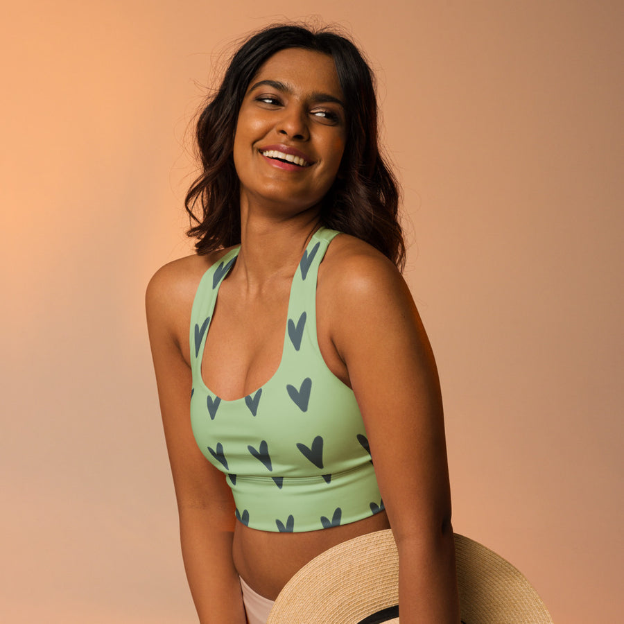 Coachella Puppy Love Lavender AOP Longline Sports Bra mockup 1