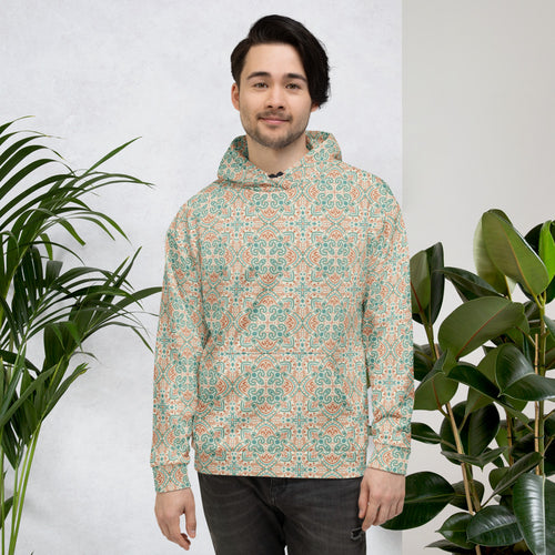 Teal Scroll Tile AOP Hoodie mockup 1 pattern preview
