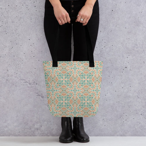 Teal Scroll Tile Tote Bag mockup 1 pattern preview