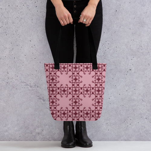 Crimson Scrollwork Tote Bag mockup 1 pattern preview