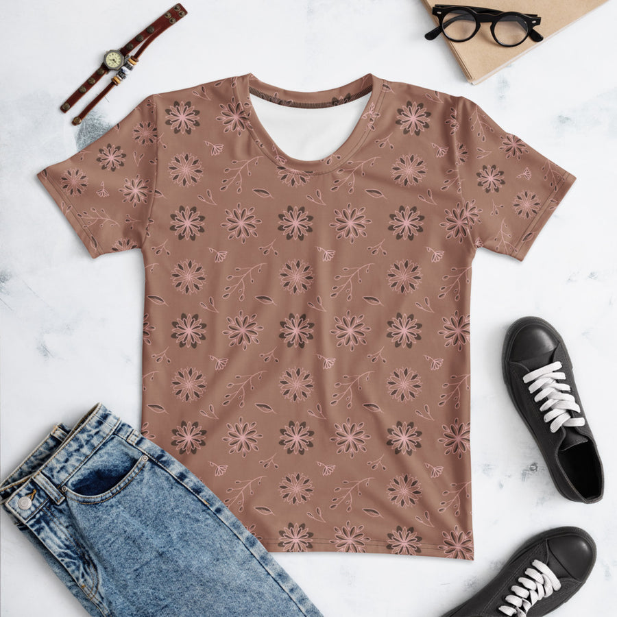 Mocha Botanical AOP Women's T-Shirt mockup 1