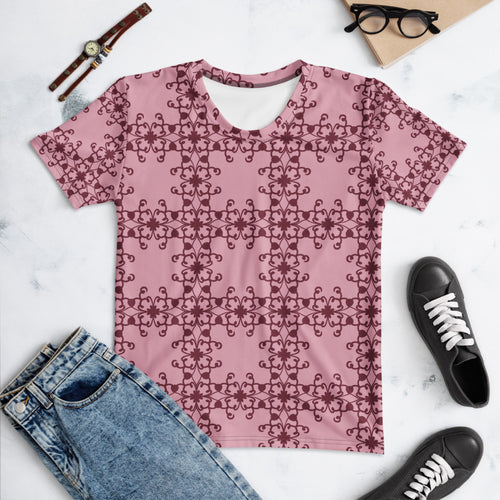 Crimson Scrollwork AOP Women's T-Shirt mockup 1 pattern preview
