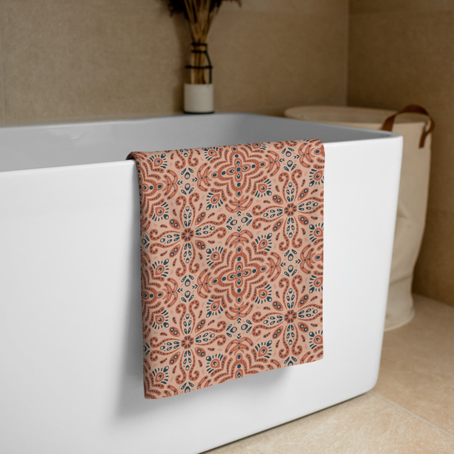Terracotta Navy Tile Beach Towel mockup 1
