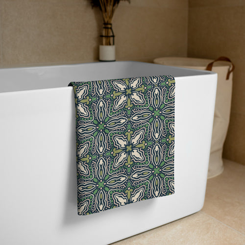 Midnight Folk Tile Beach Towel mockup 1 pattern preview