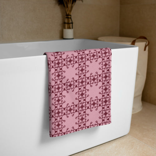 Crimson Scrollwork Beach Towel mockup 1 pattern preview