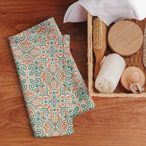Teal Scroll Tile Hand Towel mockup 1 pattern preview