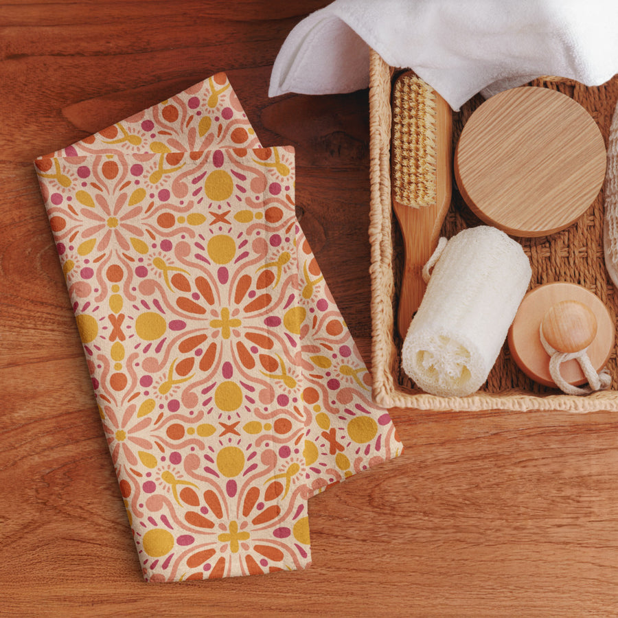 Warm Folk Medallion Hand Towel mockup 1