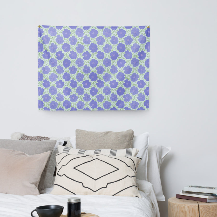 Periwinkle Poppy Vine Wall Tapestry mockup 1