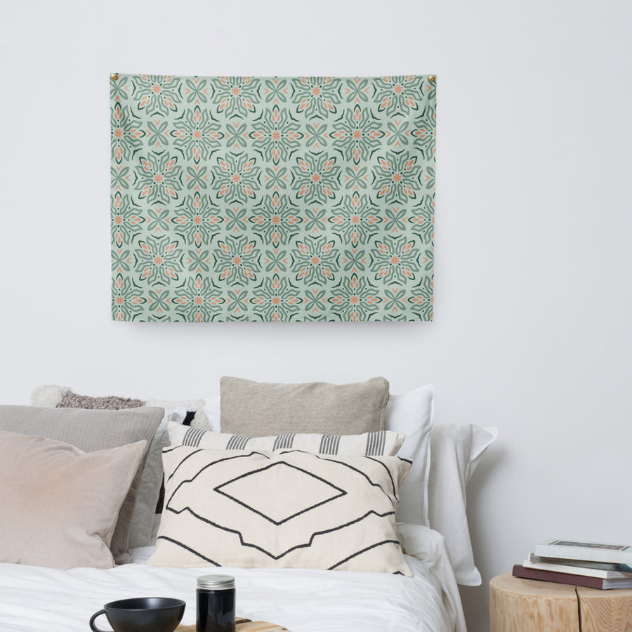 Mint Botanical Wall Tapestry mockup 1