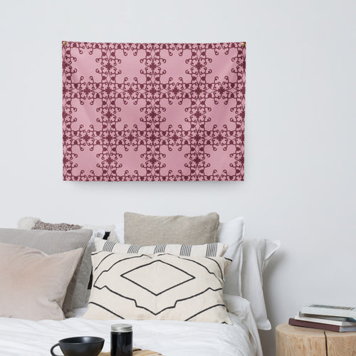 Crimson Scrollwork Wall Tapestry mockup 1 pattern preview