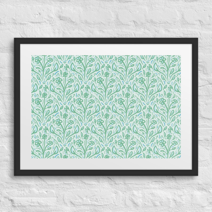 Teal Vine Damask Matted Framed Poster mockup 1