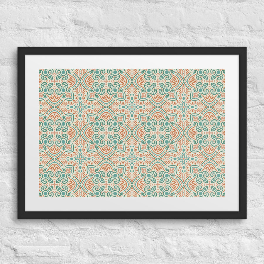 Teal Scroll Tile Matted Framed Poster mockup 1